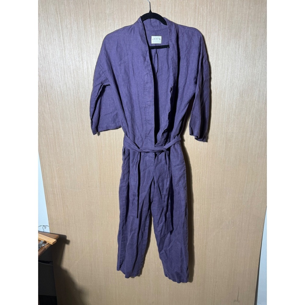 Offon‎ Clothing tie linen purple 3/4 sleeve cropped wide leg jumpsuit